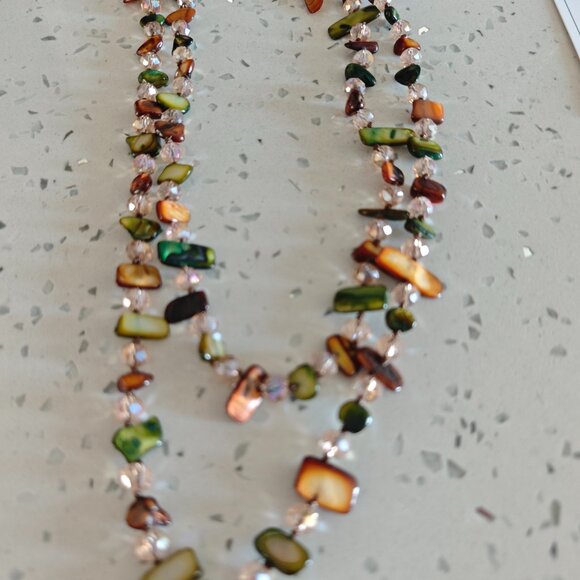 Boho Layered Shell & Beaded Long Necklace - Multi-Color Earth Tones - Picture 2 of 3
